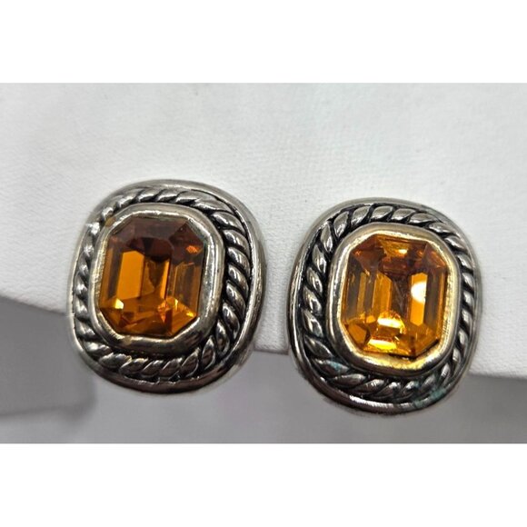 Faux Citrine and Antique Silver Tone Clip On Earrings, Rope Border - Picture 1 of 3